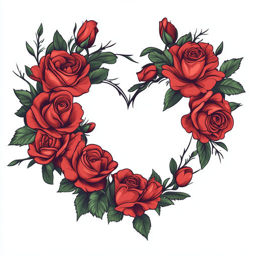 Red roses in heart shape on white background