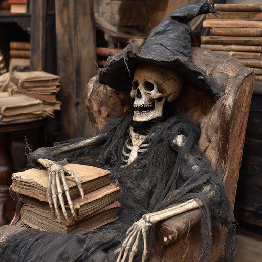 Skeleton in Antique Armchair with Witch's Hat and Books
