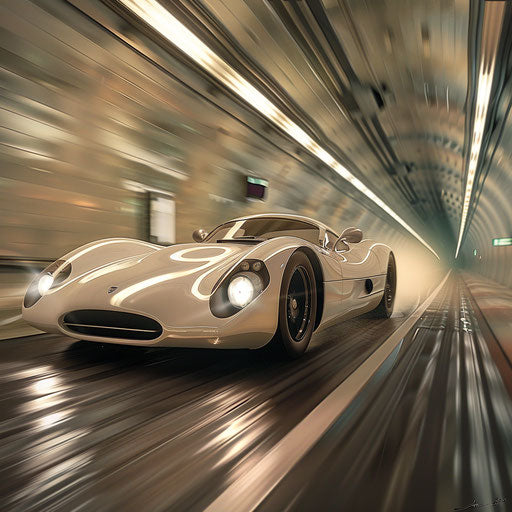 Skyway classics sports car speeding through a tunnel with aerodynamic design