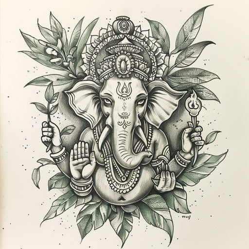 Nature-themed tattoo sketch, clipart style with leafy greens and floral accents