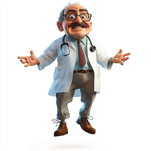 Humorous caricature of a doctor with human characteristics
