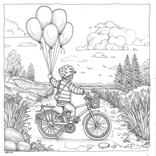 Child on bike with balloons - Coloring book page