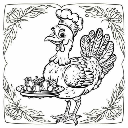 Turkey with chef's hat and tray of Thanksgiving dinner