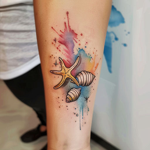Seashell and starfish with watercolor splashes