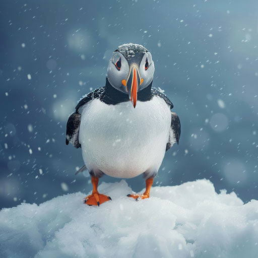 Puffin bird in a snowy and icy environment