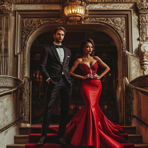 An elegant couple at the entrance of an opulent theater with vintage vibes