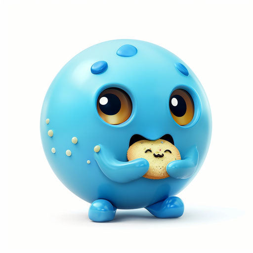 Cute blue spherical character eating a cookie