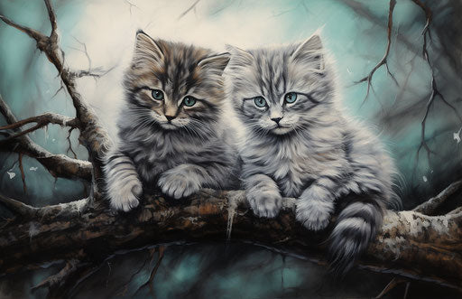 Two kittens sitting on a tree in a house