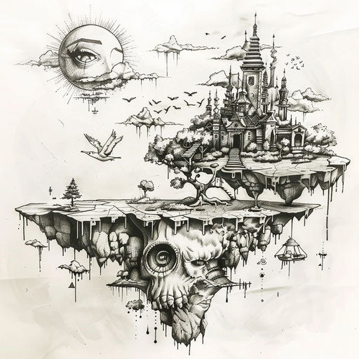 Sketch of tattoo surrounded by surreal elements