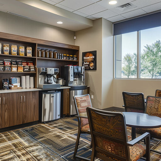 Comfortable break room with coffee machines and snacks