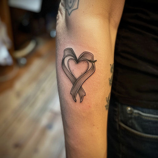 Tattoo of a heart with a ribbon bearing a loved one's name, in the style of Ami James
