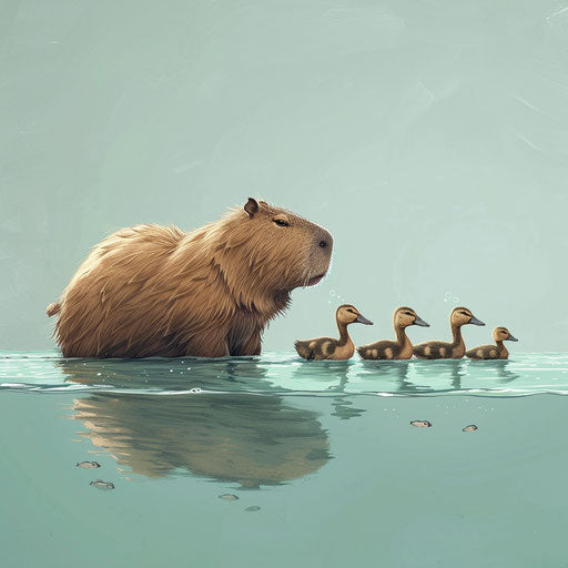 A capybara swimming with a family of ducks in the style of Vincent Munier