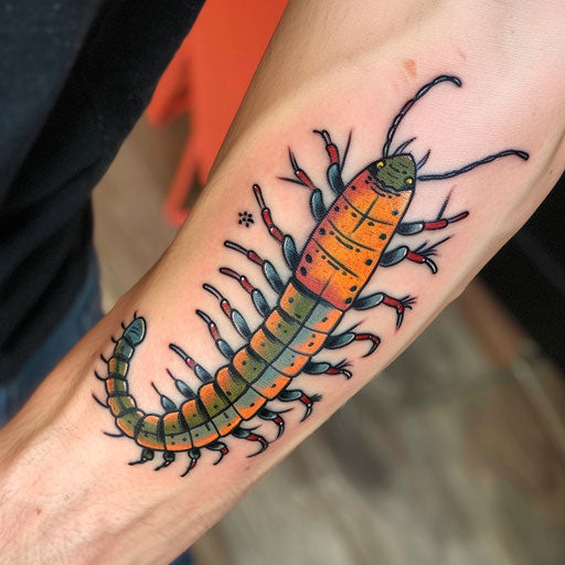 Pop art centipede tattoo with bright colors on white