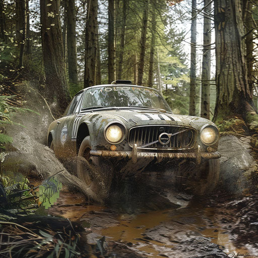 Rally race through rugged forest trail with 1966 Volvo P1800