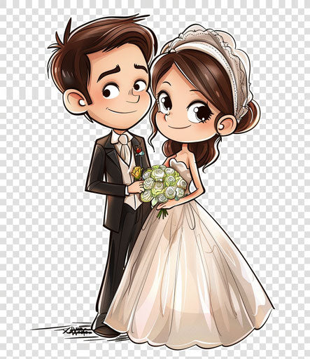 Happy couple wedding cartoon in margaret keane style