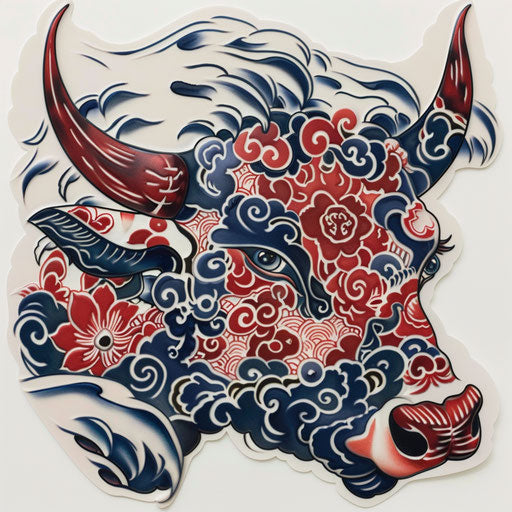 Traditional Japanese bull tattoo on white surface