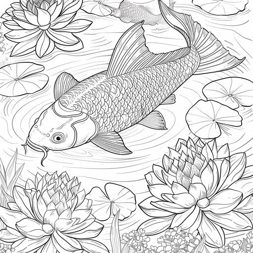 Detailed koi fish swimming in a pond with lilies
