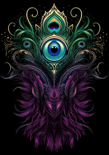 Indian tribal peacock feather tattoo in dark emerald and violet style