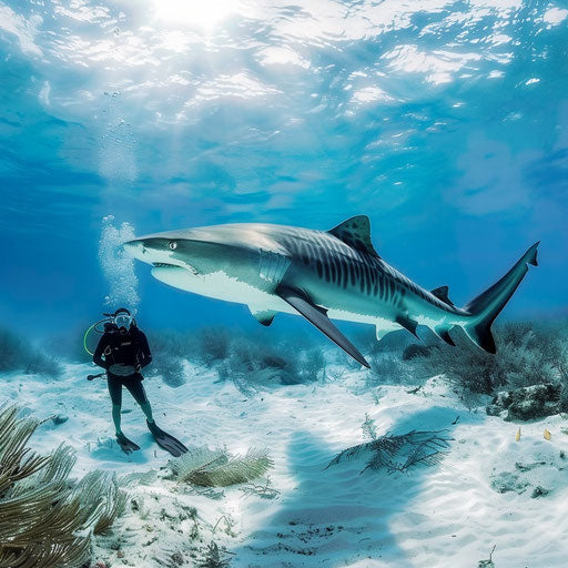 The elegance of a tiger shark and a curious diver