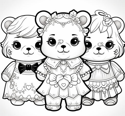 3 teddy bear coloring pages in cute style, captivating, salvagepunk, leica cl, amber, mixed patterns, dark green and white 29:27