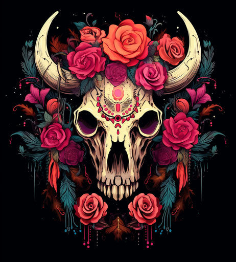 Bull skull with feathers and roses, coralpunk, pastoral, techno shamanism