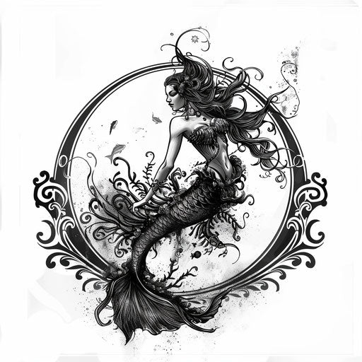 Gothic mermaid tattoo design, dark and mysterious