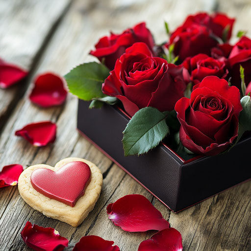 Red roses in an elegant box with petals and a heart-shaped cookie
