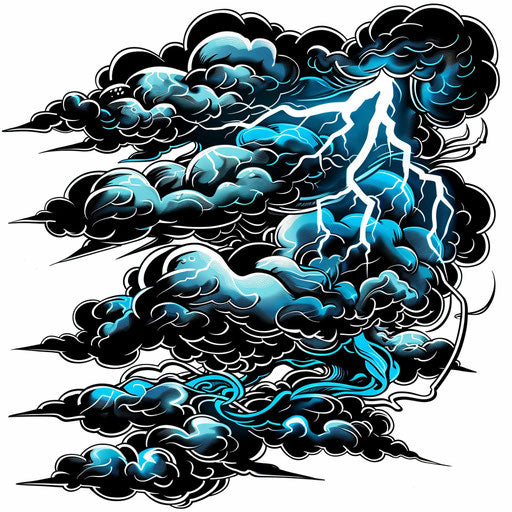 Bold tattoo sketch of a thunderstorm with lightning, electric blue and black