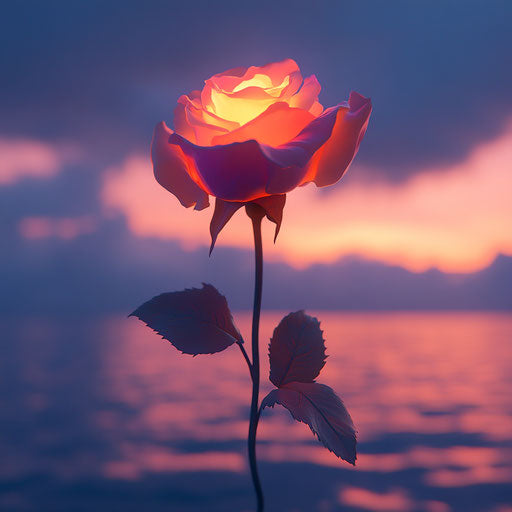 Glowing rose on ocean at sunset