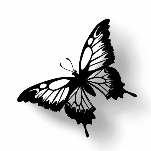 Minimalist sketch of butterfly silhouette with shadow, black on white