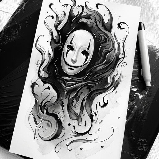 Dynamic tattoo sketch of the Faceless with swirling spirits