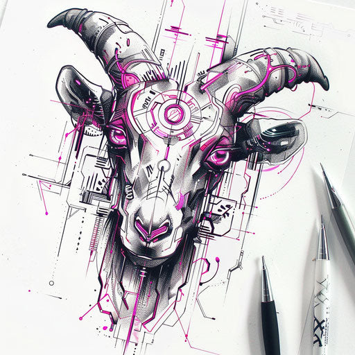 Futuristic cyberpunk goat tattoo design with neon and digital motifs