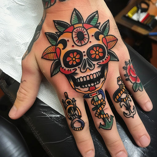 Skull hand tattoo in Sailor Jerry style featuring traditional anchors
