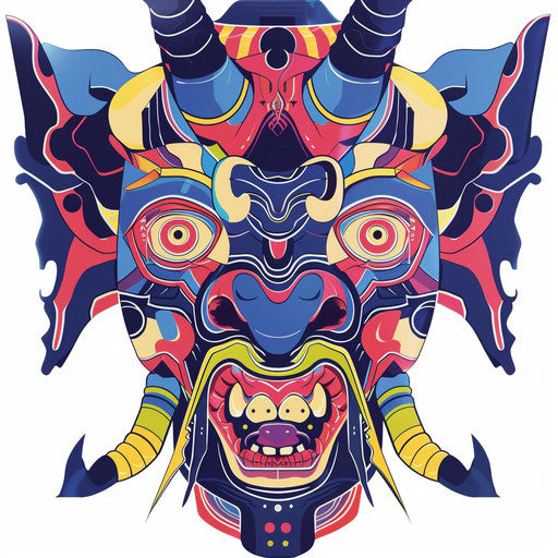 Stylized oni character in a pop art style, with bold outlines and primary colors, on a white canvas