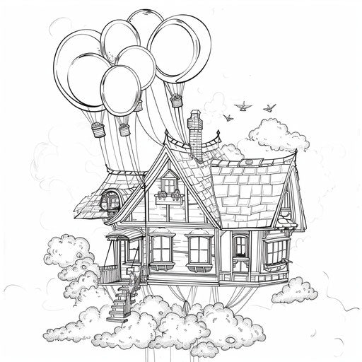 House floating with balloons - Coloring book page