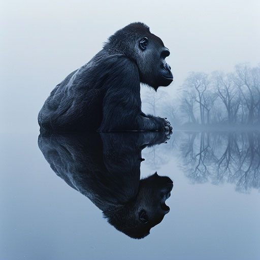 Gorilla by a calm lake, its reflection perfectly mirrored