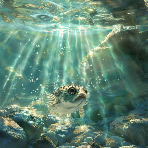 Puffer fish in crystal-clear waters with sunbeams