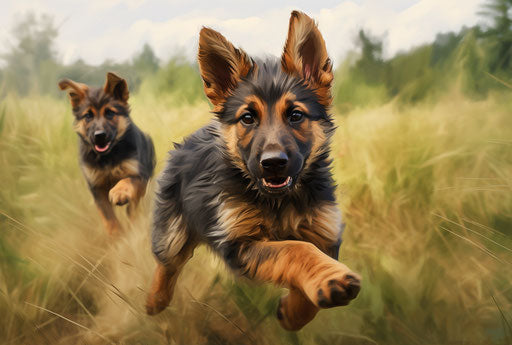 German shepherd puppies running in a field