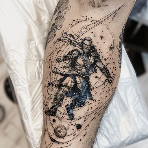 Elegant tattoo sketch of Baldur in heroic pose