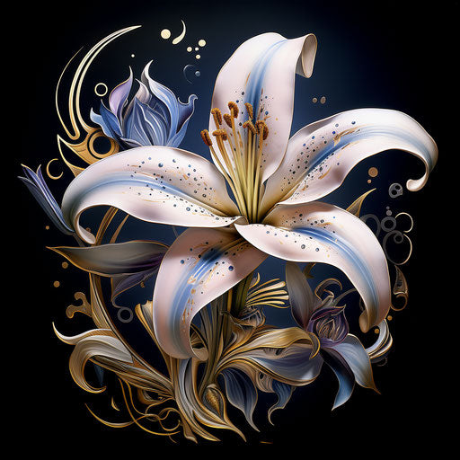 A white lily tattoo with yellow petals, digital airbrushing style