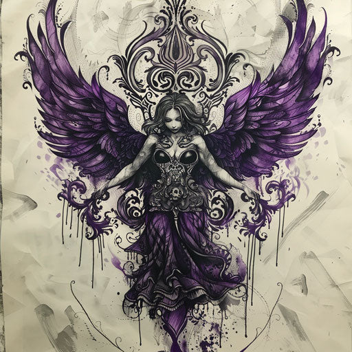 Gothic tattoo sketch of the angel of death with baroque details, in deep purple and black