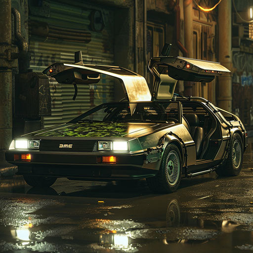 Military-inspired DeLorean with camo paint in covert scene
