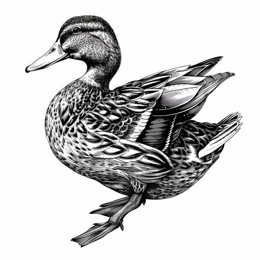 Detailed mallard duck in black ink on pure white background
