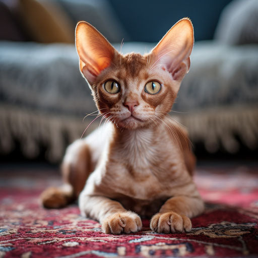 Devon Rex cat lounging on a carpet