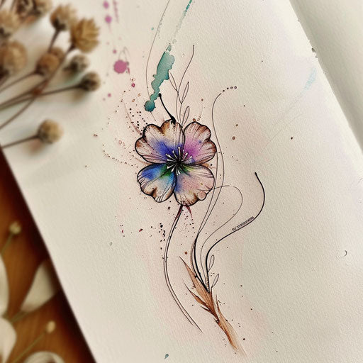 Elegant tattoo sketch of a clover with delicate watercolor splashes
