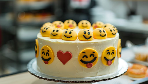White cake with yellow smiley face emoticons