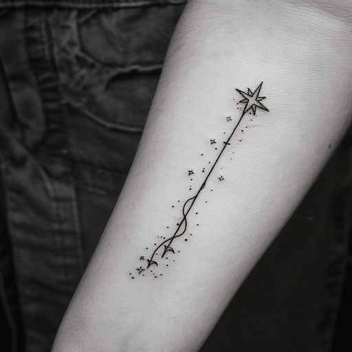 Minimalist flat tattoo sketch of a magic wand casting sparkling stars
