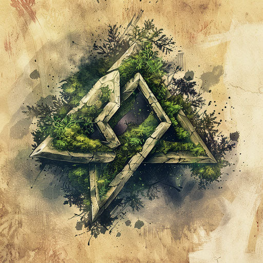 Sketch of rugged stone texture tattoo with Valknut in moss green and earth tones