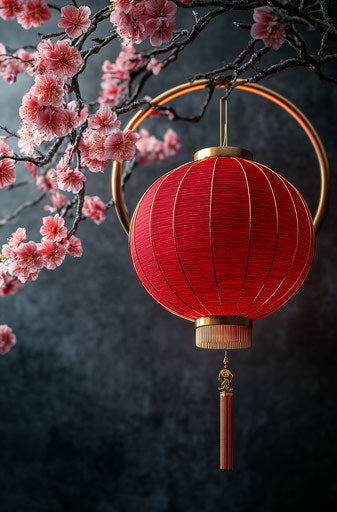 Red lantern on golden ring surrounded by plum blossoms
