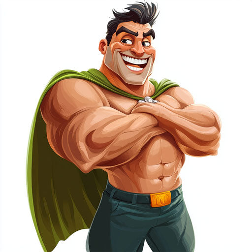 Humorous caricature of a vacation drawing with human features, exaggerated dimpled chin, muscular arms, cape, vibrant colors, cartoon style, laughing, high resolution, backgroundless, isolated